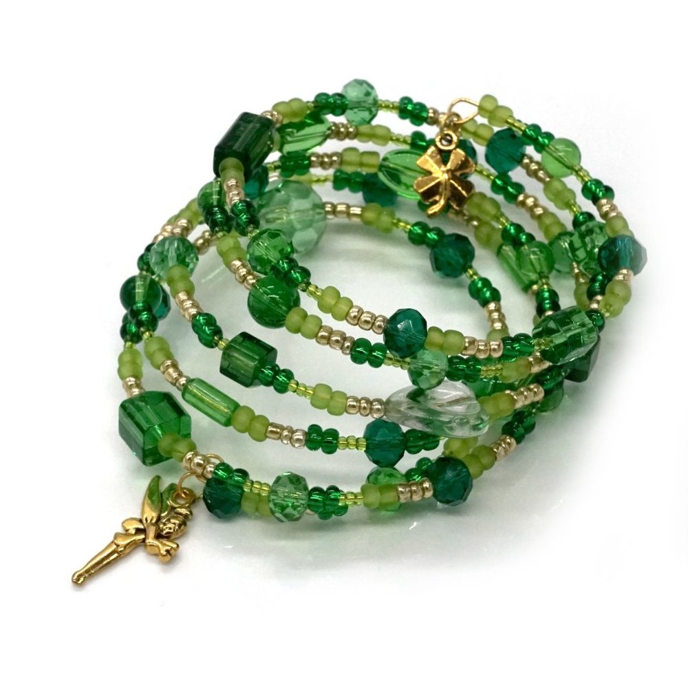 Bracelet Memory Wire Green Tones Fairy 4 Leaf Clover Charms OS